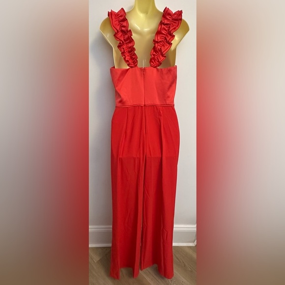Adrianna Papell Ruffle Shoulder Stretch Crepe Jumpsuit in Calypso Coral - Picture 5 of 11